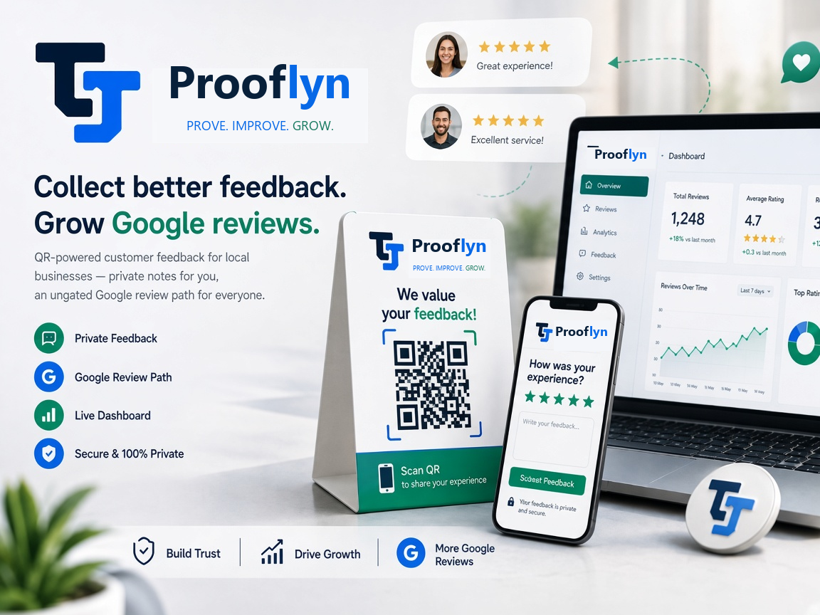 Prooflyn QR stand, mobile feedback form, and live dashboard